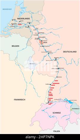 River system map Rhine with the most important cities and tributaries in German language Stock Vector