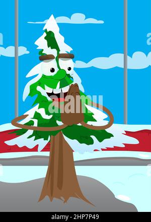 Cartoon winter pine trees with faces with praying hands. Stock Vector