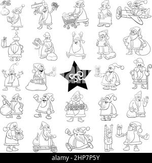 black and white cartoon Santa Claus Christmas characters set Stock Vector