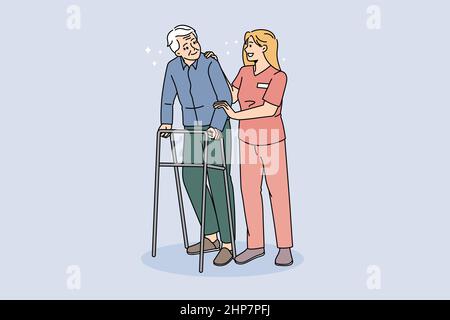 Nurse help older man using walking frame in hospital Stock Vector