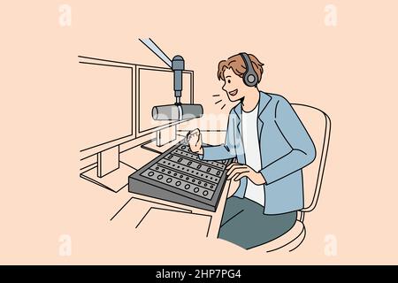 Smiling radio host talk on microphone in air Stock Vector