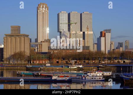 Ships and barges in the Rijnhaven, a harbour basin in Rotterdam, Netherlands. It is one of the oldest ports on the south bank of the Nieuwe Maas river Stock Photo