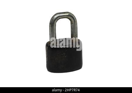 Old black padlock isolated on white background. Stock Photo
