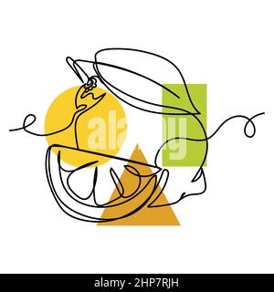 Vector abstract continuous one single simple line drawing icon of lemon citrus fruit organic with leaf and slice lemon in silhouette sketch. Perfect for greeting cards Stock Vector