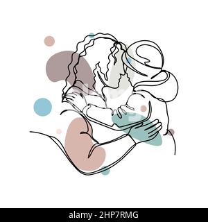 Vector abstract continuous one single simple line drawing icon of mother with baby boy mothers day concept in silhouette sketch. Perfect for greeting cards Stock Vector