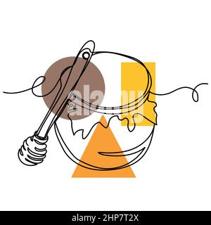 Vector abstract continuous one single simple line drawing icon of honey pot and dipper spoon in silhouette sketch. Perfect for greeting cards Stock Vector