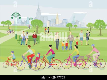 Families and other people have leisure time in the city park illustration Stock Vector