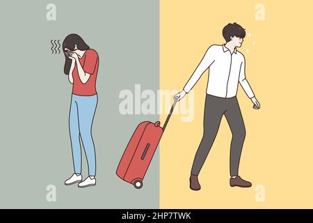 Husband with suitcase leave unhappy crying wife Stock Vector