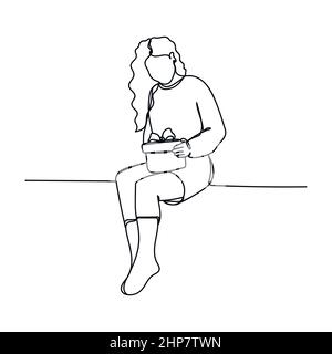 Vector abstract continuous one single simple line drawing icon of girl sitting opens christmas gifts in silhouette sketch. Stock Vector