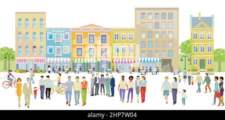 People leisure life in a city with restaurants and bistros, illustration Stock Vector