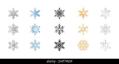 15 set of elements with snowflake vector design. illustration snow with five color gray, blue, gold, black, and silver. applicable for greeting card, banner, poster, and graphic print seamless pattern Stock Vector