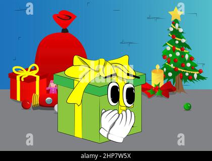 Gift Box with with hands over mouth as a cartoon character. Stock Vector