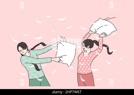 Overjoyed girls have fun on pajama party Stock Vector