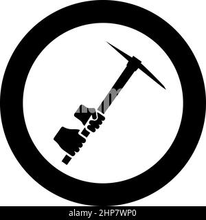 Mining pickaxe Mattock pick axe in hand icon in circle round black color vector illustration image solid outline style Stock Vector