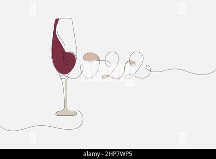 one line drawing of a glass and New Year's text '2022'. New Years celebration concept. Vector color illustration Stock Vector