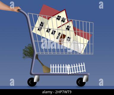 Buying a new home is illustrated with a house inside a shopping cart along with a new tree and fencing. This is a 3-d illustration. Stock Photo
