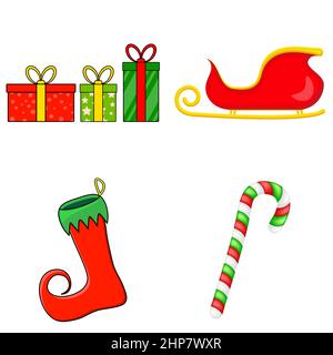 Christmas symbols collection. Big set of xmas icons. Seasonal cartoon illustrations isolated on white. Holiday ornament and decorations. Holly berry, elf, shoes, gift, candle, light ,string, baubles. Stock Vector