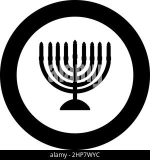 Chanukah menorah Jewish holiday candelabra with candles Israel candle holder icon in circle round black color vector illustration image solid outline style Stock Vector