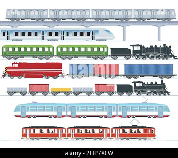 Set of modern passenger trains, subway transport, high speed trains and subway train, tram, cargo train -  illustration Stock Vector