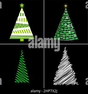 abstract christmas tree set. Holiday illustration isolated on black. Stock Vector
