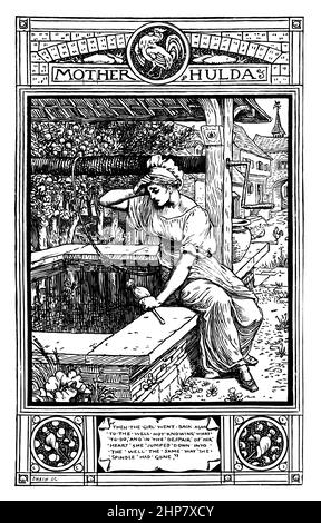 Mother Hulda, girl with spindle at well, 1882 illustration by Walter Crane, from Household Stories from Grimm, published by Macmillan and Co Stock Photo