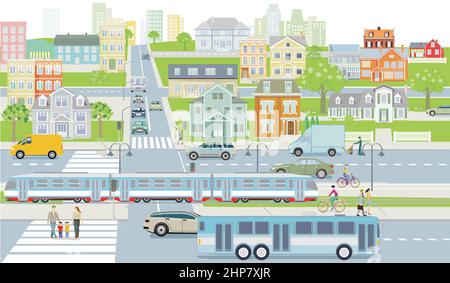 Road traffic with pedestrians and cars on city streets Stock Vector