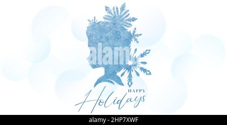 illustration of silhouette girl or princess with snowflake ornament design, abstract background happy holidays letter font applicable for greeting card, invitation birthday, banner, poster winter. Stock Vector