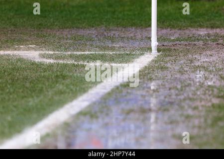 Crewe, UK. 19th Feb, 2022. A general view of the waterlogged pitch before the Sky Bet League One match between Crewe Alexandra and Portsmouth at Alexandra Stadium on February 19th 2022 in Crewe, England. (Photo by Daniel Chesterton/phcimages.com) Credit: PHC Images/Alamy Live News Stock Photo