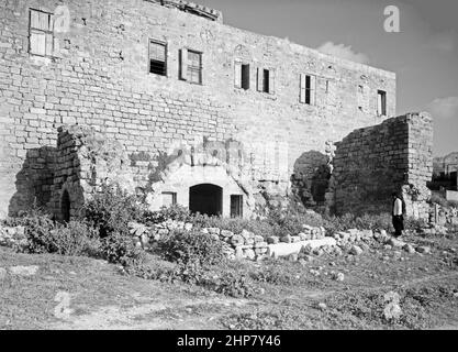 Middle East History: Caesarea. (Kaisarieh). West side of cathedral complex (showing St. Paul's prison)  Location:  Israel--Caesarea  ca.  1938 Stock Photo