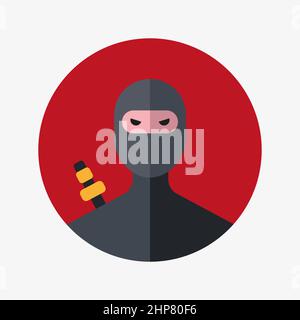 Ninja in black clothes and mask vector flat illustration. Ninja warrior in red circle isolated on white background. Stock Vector