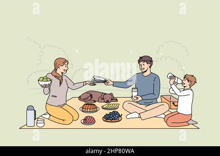 Happy family with kid enjoy summer picnic in park Stock Vector