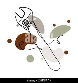 Vector abstract continuous one single simple line drawing icon of   modern adjustable spanner in silhouette sketch. Perfect for greeting cards