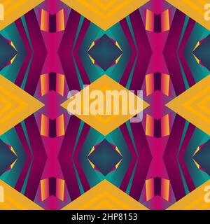 Geometric tile patchwork seamless pattern vector illustration Neon bright gradient yellow magenta colors Fashion abstract lines graphic design background Stiped pattern Futuristic art wallpaper mosaic Stock Vector
