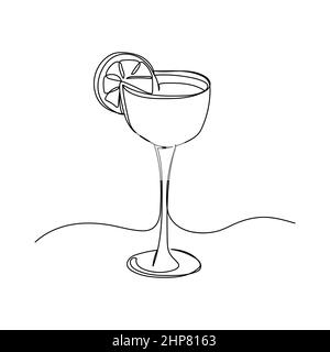 Vector continuous one single line drawing icon of daiquiri cocktail with lemon in silhouette on white background. Linear stylized. Stock Vector