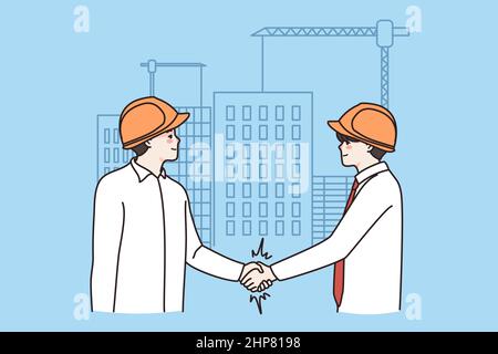 Smiling businessmen handshake at construction site Stock Vector