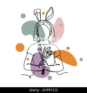 Vector abstract continuous one single simple line drawing icon of   little girl with ears bunny holding a bouquet Easter day concept in silhouette sketch. Perfect for greeting cards Stock Vector