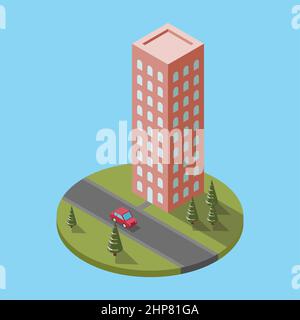 Vector illustration of isometric skyscraper isolated on blue background. Apartment building, bloque of flats vector symbol. Stock Vector