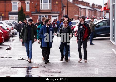 Crewe, UK. 19th Feb, 2022. Portsmouth fans outside the ground as the match is postponed during the Sky Bet League One match between Crewe Alexandra and Portsmouth at Alexandra Stadium on February 19th 2022 in Crewe, England. (Photo by Daniel Chesterton/phcimages.com) Credit: PHC Images/Alamy Live News Stock Photo