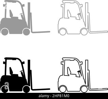 Forklift Loader Fork lift warehouse truck silhouette set icon grey black color vector illustration image flat style solid fill outline contour line thin Stock Vector