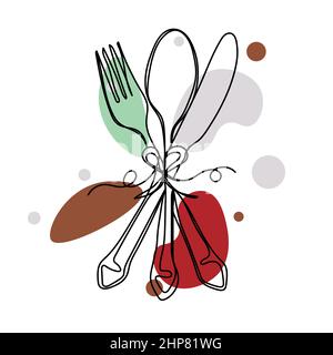 Vector abstract continuous one single simple line drawing icon of fork and spoon knife in silhouette sketch. Perfect for greeting cards Stock Vector