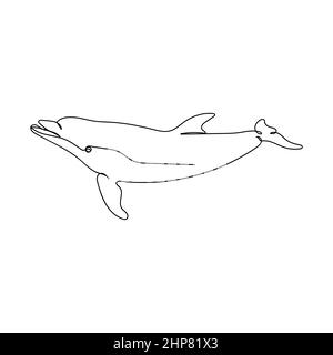 Vector continuous one single line drawing icon of dolphin in silhouette on white background. Stock Vector