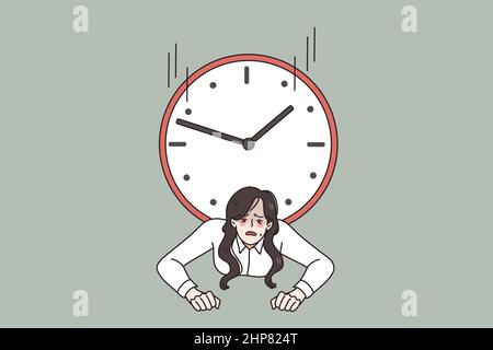 Stressed businesswoman trapped by clock distressed with deadline Stock Vector