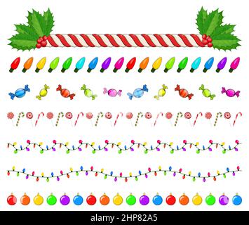 Christmas symbols collection. Big set of xmas icons. Seasonal cartoon illustrations isolated on white. Holiday ornament and decorations. Holly berry, elf, shoes, gift, candle, light ,string, baubles. Stock Vector