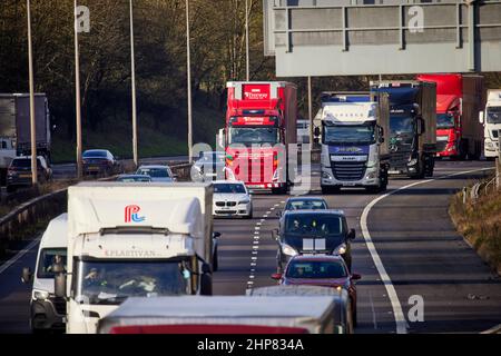 M6 Motorway busy with HGV trucks near Stoke-on-Trent Stock Photo