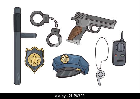 Collection of police office equipment and garment Stock Vector