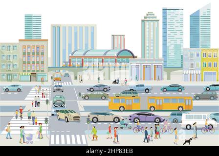 Big city with road traffic and elevated train, and many buildings, illustration Stock Vector