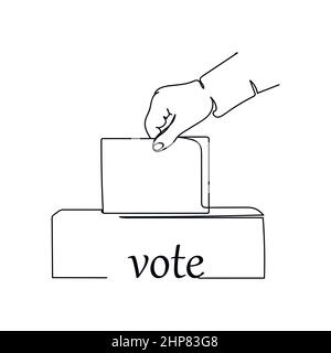 Vector abstract continuous one single simple line drawing icon of hand with voting ballot and box in silhouette sketch. Stock Vector
