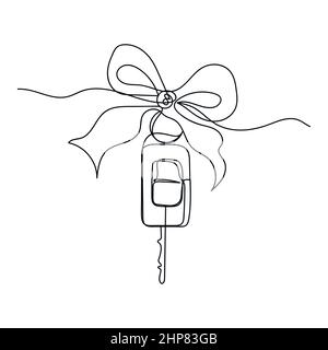 Vector abstract continuous one single simple line drawing icon of car key with bow present gift in silhouette sketch. Stock Vector