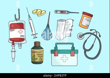 Set of emergency medicine tools and drugs Stock Vector