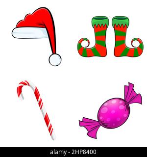 Christmas symbols collection. Big set of xmas icons. Seasonal cartoon illustrations isolated on white. Holiday ornament and decorations. Holly berry, elf, shoes, gift, candle, light ,string, baubles. Stock Vector